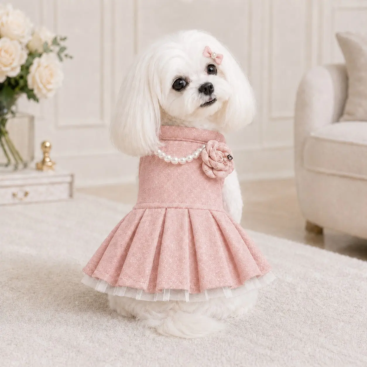 Shimmer Pet Princess Dress for Small Dogs and Cats, Puppy Clothes, Lightweight Mesh Summer Dress, Pearl Flower Bow, Birthday Party