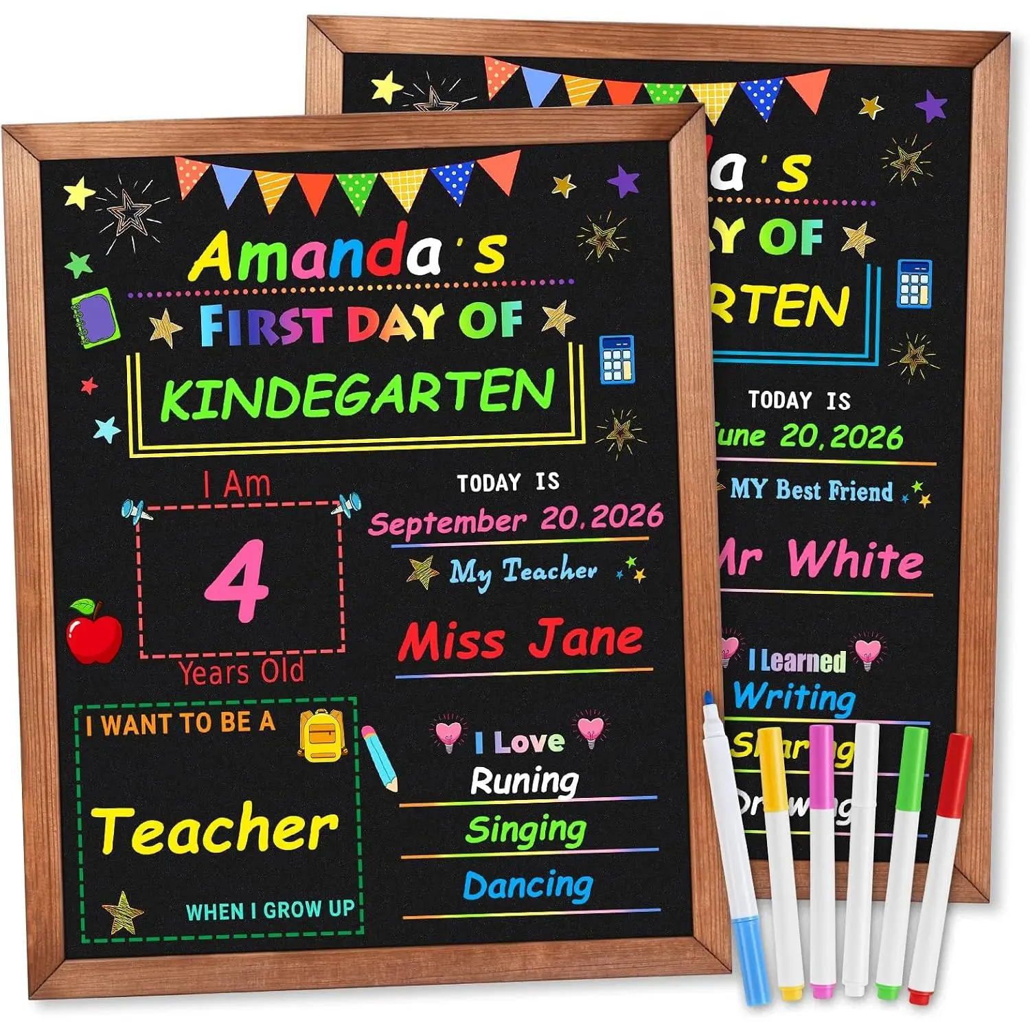 First and Last Day of School Chalkboard, Double-Sided with Wooden Frame | 14 x 11 Inch  Dry Erase School Chalkboard with 6 Color Pens,  to School Supplies for