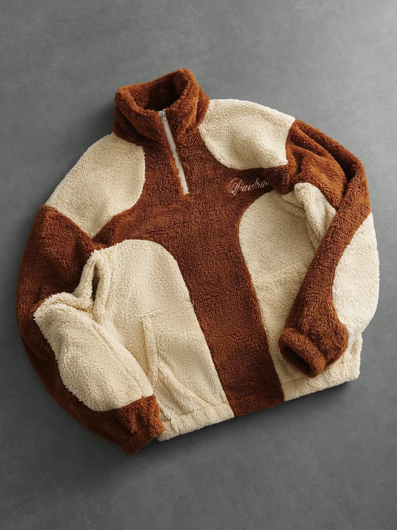 Men Geometric Patchwork Half Zip Sherpa Fleece Long Sleeve Jacket, Stand Collar Windproof Warm Teddy Coat, Retro Color Block Loose Streetwear Outerwear, Ultra Soft Plush Thermal Fall Winter Casual Top, Cursive Script Embroidery Cozy Loungewear Jacket