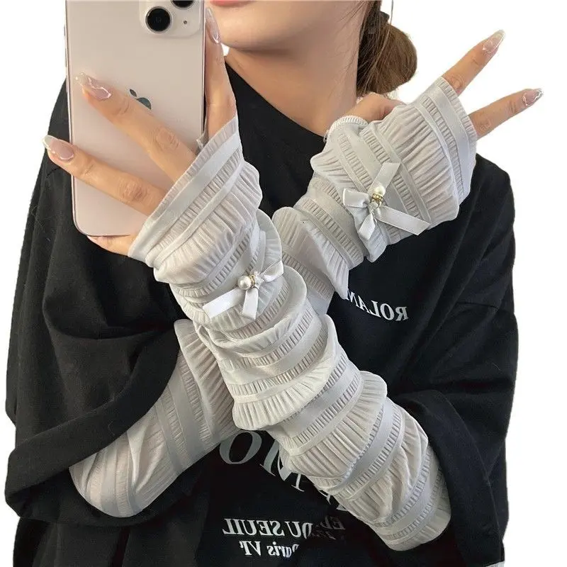 Iridescent Pearl Bow Sun Sleeves for Women, Cooling Ice Silk Fabric with UPF 50+ UV Protection, Fingerless Comfortable Stretch Fit, Pearls, Blocks Over 98% Of Harmful Uv Rays, Most Arm Sizes, Cycling, Hiking, Breathable