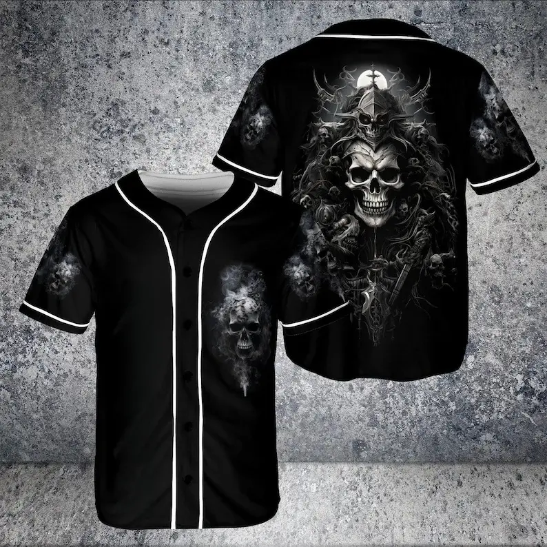 Dark Smoke Grim Reaper Skull Graphic Oversized Jersey Baseball Top, Black-White Trim Button-Up Short-Sleeve Unisex Gothic Streetwear Apparel Jersey For Men Women #TikTokMadeMeBuyIt#GothicBaseballJersey#SkullStreetShirt#DarkGrimReaperTop