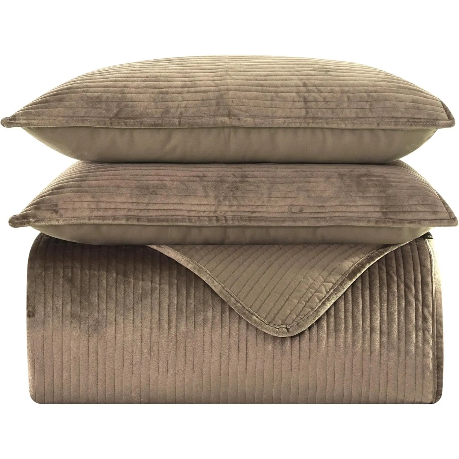 Elegant Luxury 3-Piece Velvet Corduroy Stripe Set, Soft Bedspread - Cozy Velvet Coverlet Set - 3PC Medium Weight Quilted Set with Matching Pillow Shams, Queen, Khaki