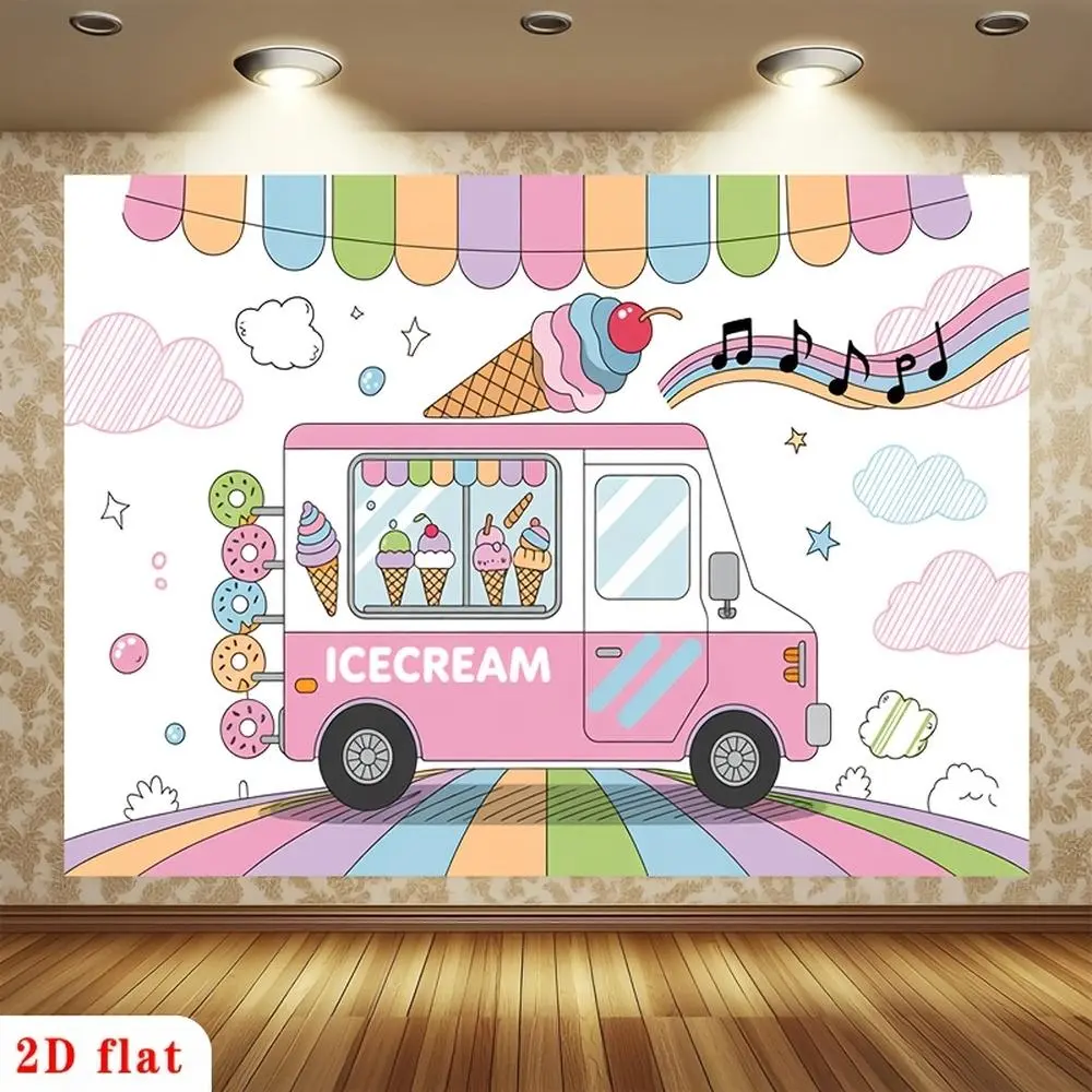 2D Flat, [party Banner] 2D Flat Banner, 1pc Colorful Ice Cream Truck, Pastel Rainbow, Donuts, Musical Notes, Clouds Backdrop, for Party Decor Club, Room, Farm, Home, Garden, No Electricity, Gift for St. Patrick
