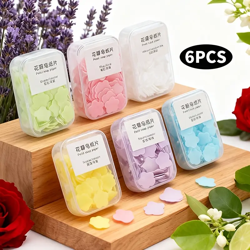 6PCS Portable Mini Hand Soap Sheets, available in 6 scents like Jasmine, Rose, Lavender, travel and outdoor hand soap sheets, personal care cleansing soap, disposable soap sheets, easy to carry, great for camping