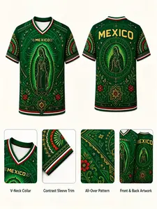 Mexican Virgin Mary All-Over Print V-Neck T-Shirt, Vintage Ethnic Style Short Sleeve Sport Top, Unisex Slim-Fit Casual Wear