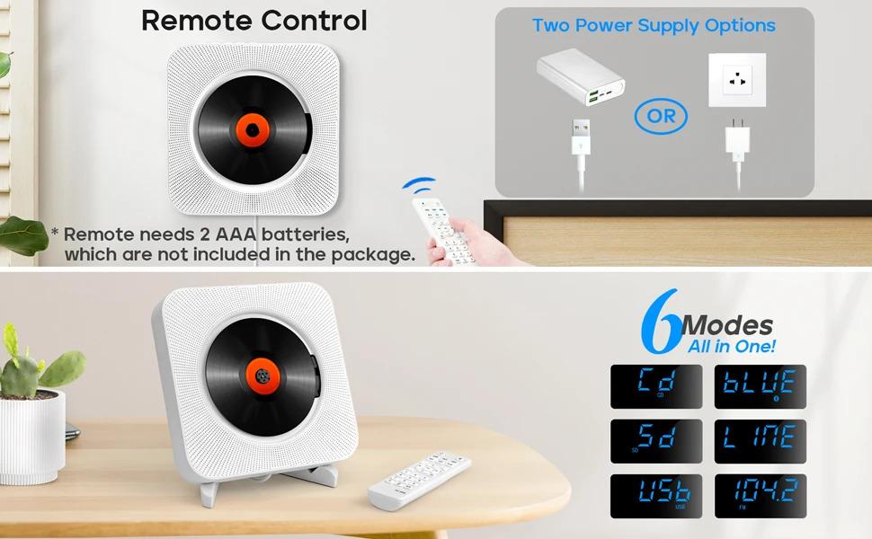 Wall Mounted CD Player with LCD Screen & Remote Control - Play CDs, Bluetooth, FM Radio, USB Drive| Home Audio Entertainment System