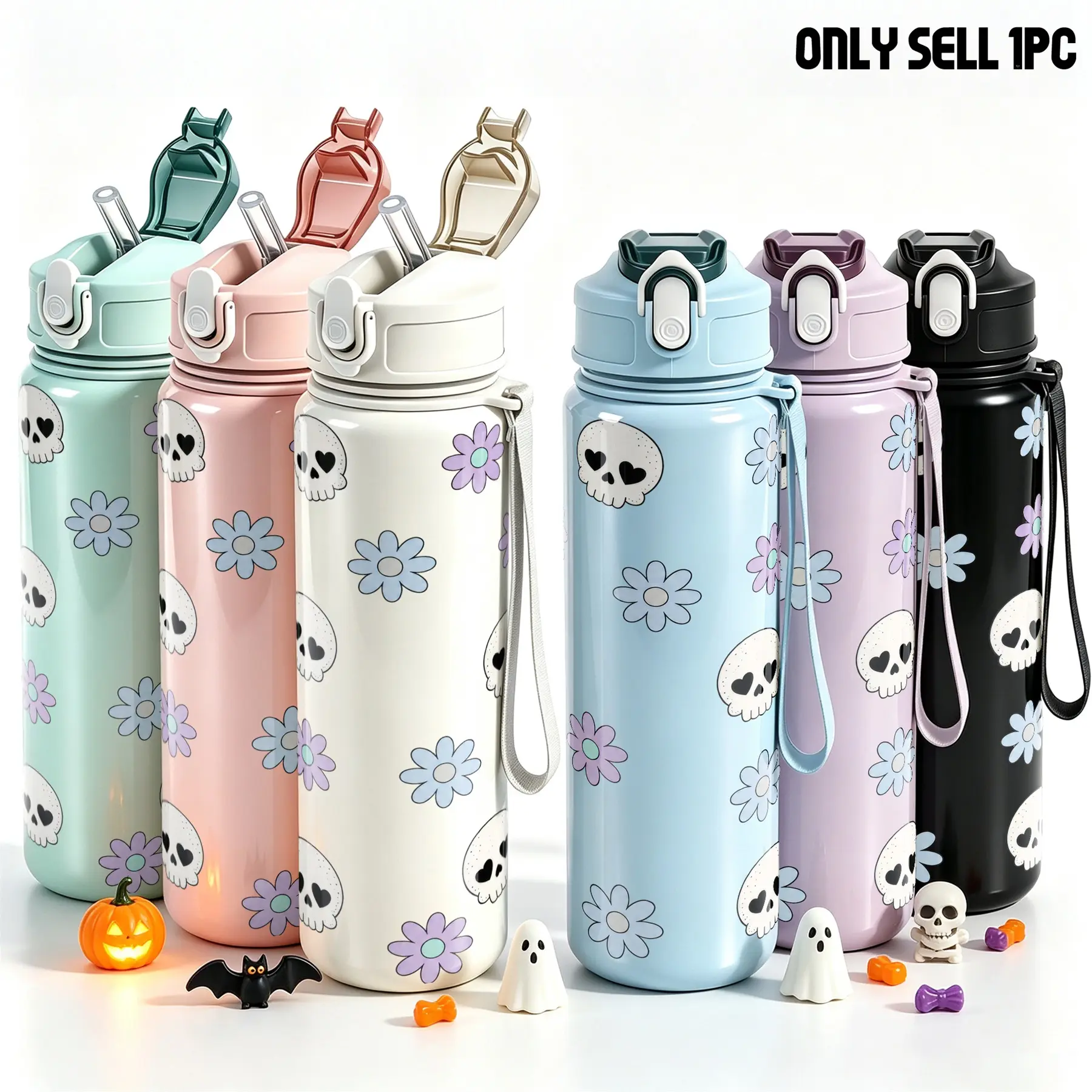1pc 25oz Cute Halloween Water Bottle With Straw, Reusable Sports Bottle with Heart-eye Skull & Floral Print, Portable Travel Hydration Bottle with Lid, Spooky Season Gift for Women Teen Girls Women's clothing, Drinkware