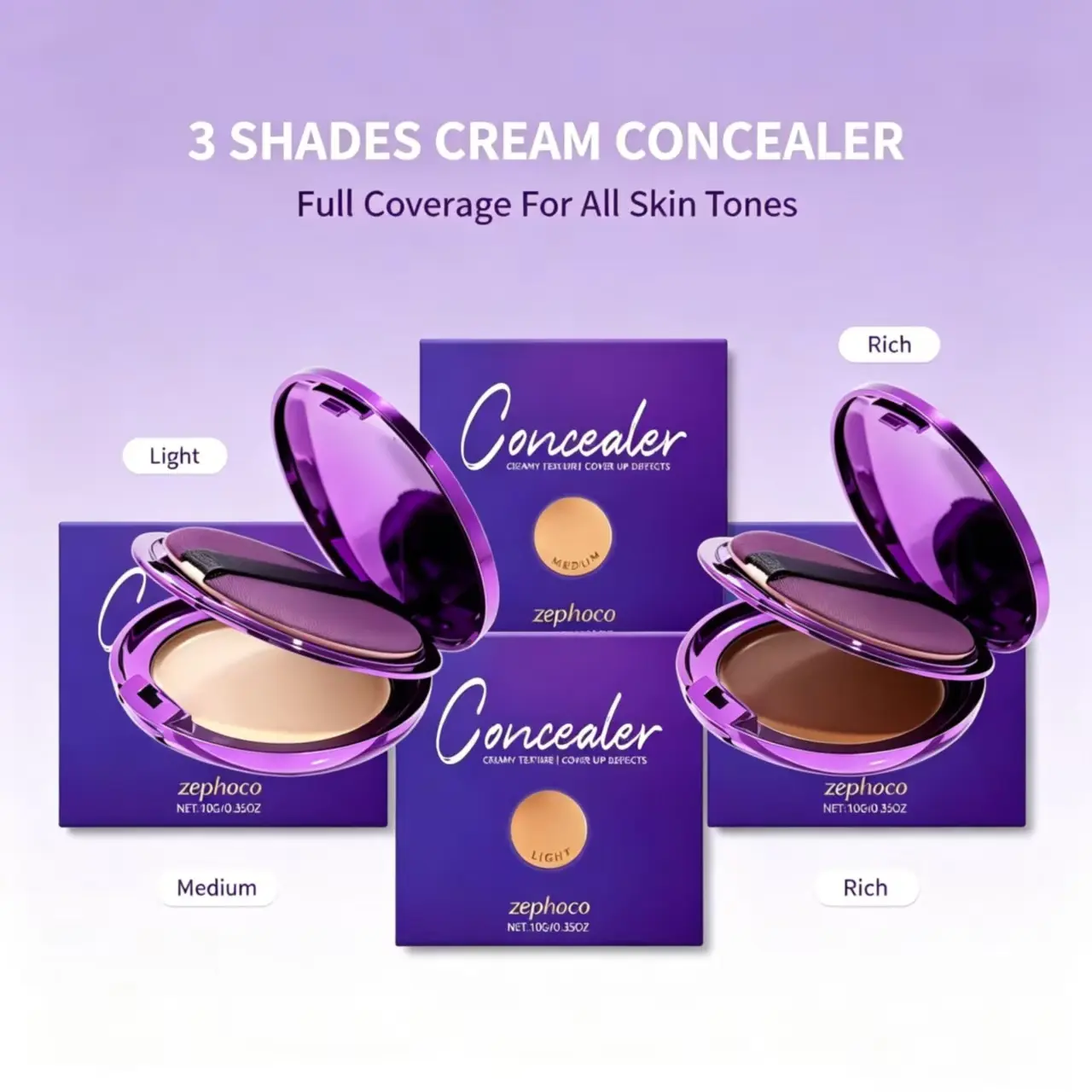Zephoco Deep Skin Tone Concealer Palette, 3 Shades Deep Tone Natural Shade Ivory White Hydrating Nourish Lightweight Skin Fit Sheer Clear Daily Flawless Coverage Concealer Makeup