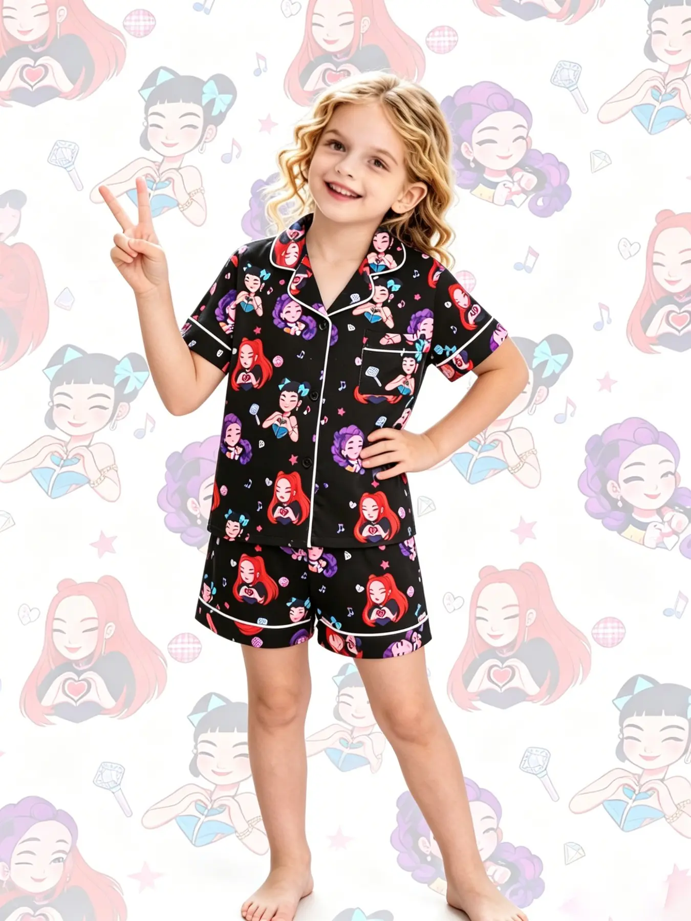 2-piece children's magic wand, stars, diamonds, printed short sleeved shorts, soft and comfortable top, small pocket lapel design, elastic waistband, Sleepwear set, daily casual children's pajamas set, Cartoon Pattern Pajamas