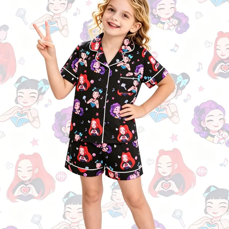 Children's 2-Piece Cartoon Pajamas Set, Short Sleeves Lapel Top with Small Pocket and Elastic Waist Shorts, Soft and Comfortable, Casual Daily Sleepwear Set, Cartoon Pattern Pajamas