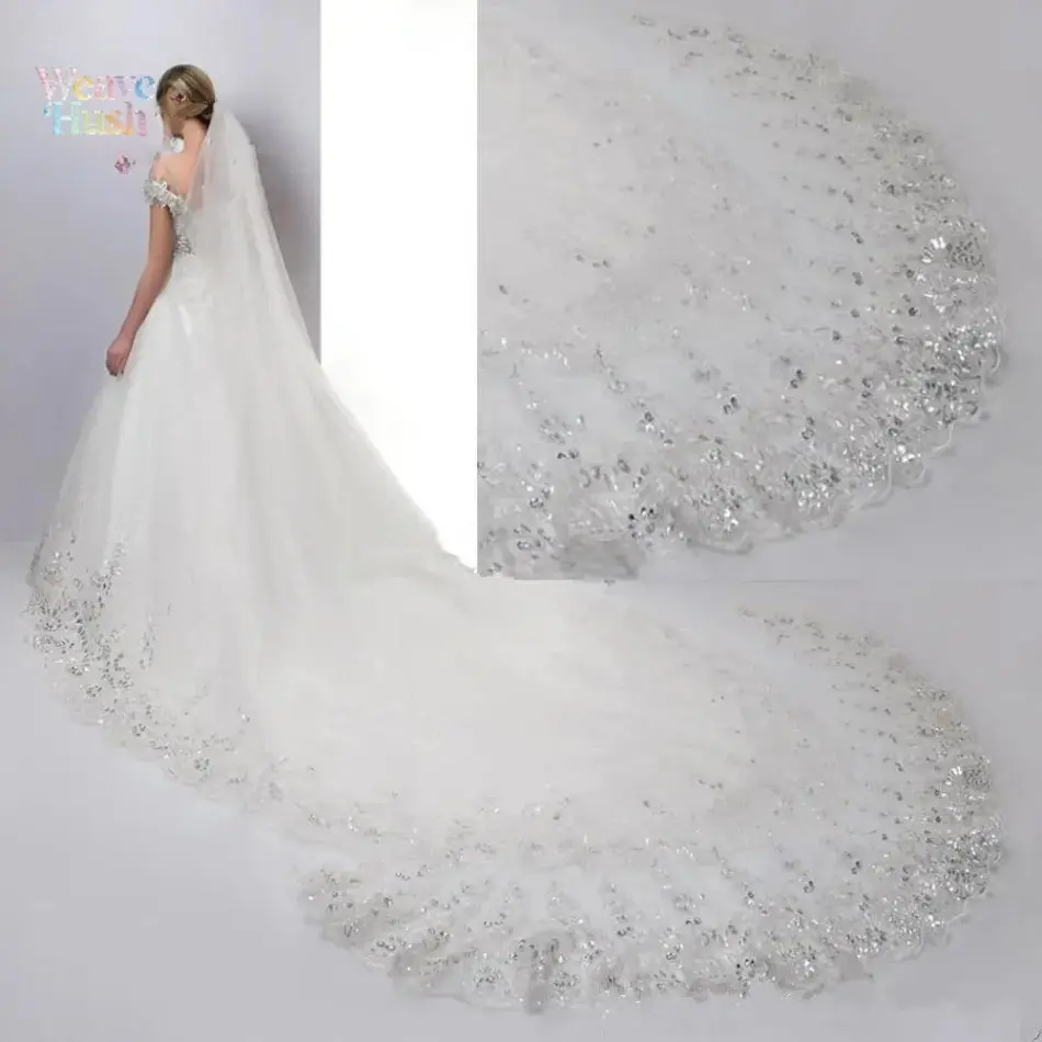 Luxury Sequin Lace Cathedral Wedding Veil, Bridal Wedding Dress Essentials, Long Trailing Bridal Veil with Sparkling Gold‑Trimmed Lace, Elegant Accessory for Church Ceremonies & Ball Gown Wedding Dresses