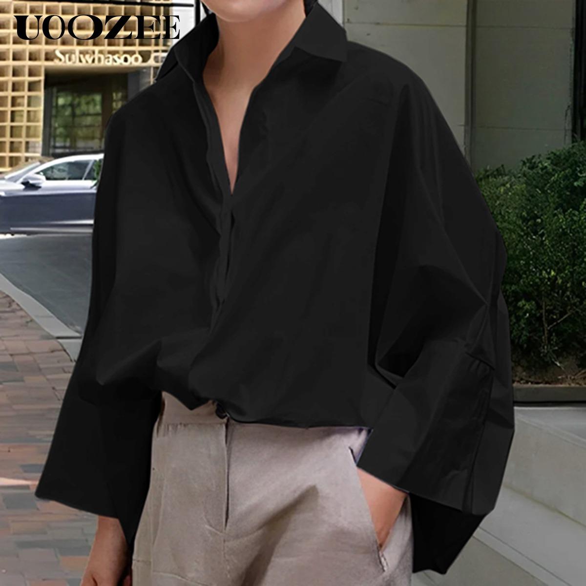 UOOZEE Women's Loose Oversized Collared Lapel Blouse - Polyester Fabric, Basic Style, Comfortable Longsleeve Lady Top for Commuting, Office, Fall Occasions,summervibes