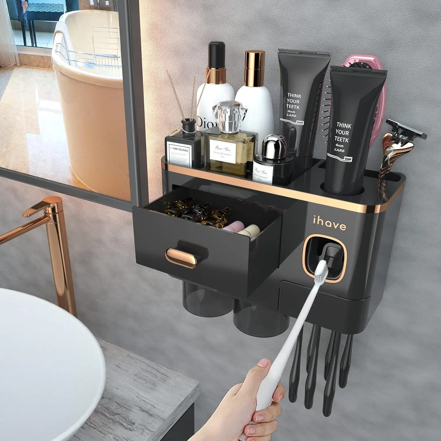 Toothbrush Holders Wall Mounted with Toothpaste Dispenser & 2 Cups - Luxury Black and Gold for Decor,  Organizers & for Toothbrushes and Accessories