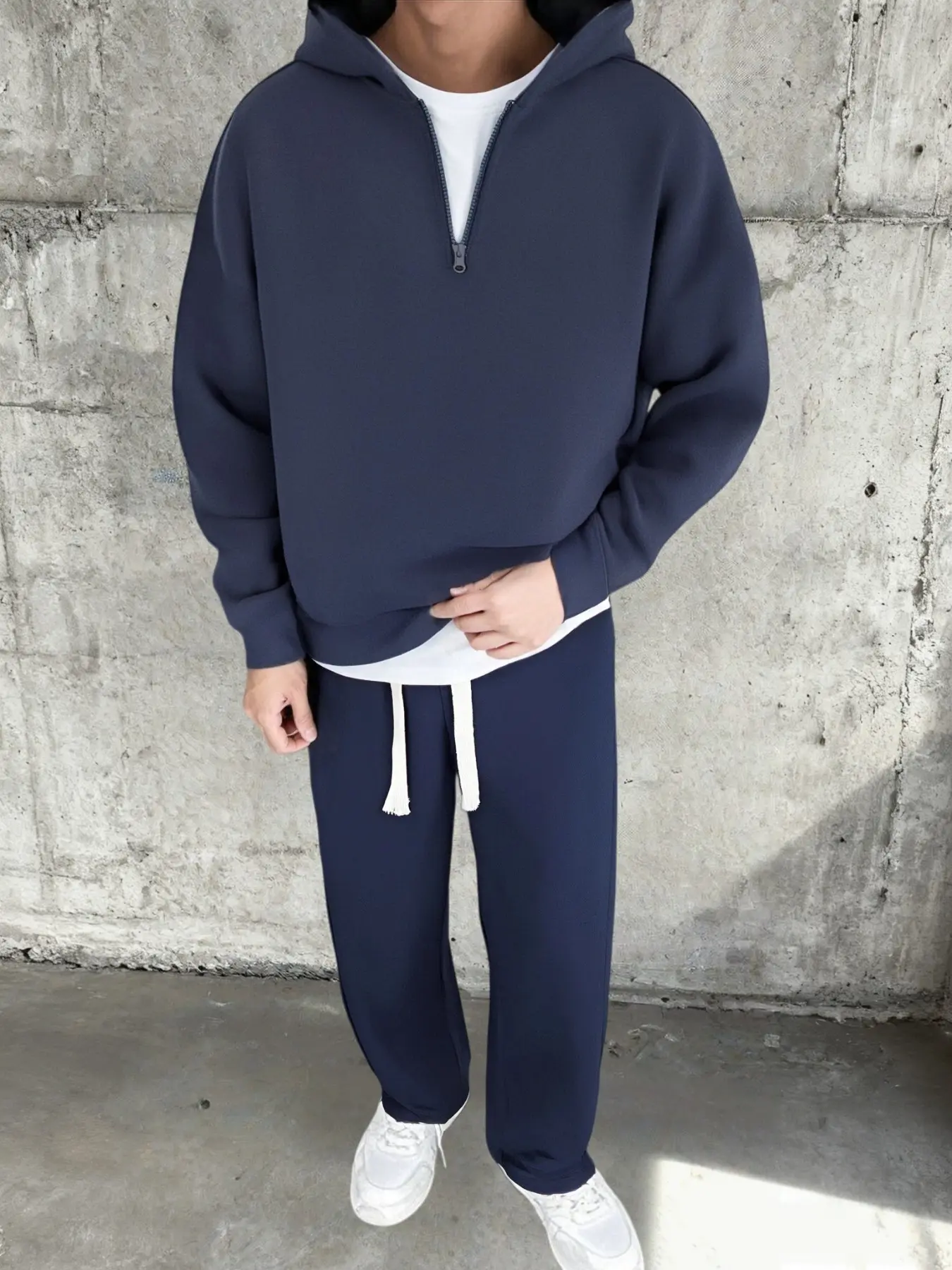 American Style Cleanfit Solid Half-Zip Hoodie Set, Loose Fit Straight Leg Pants, Casual Two-Piece for Daily Wear, Commute, Fitness