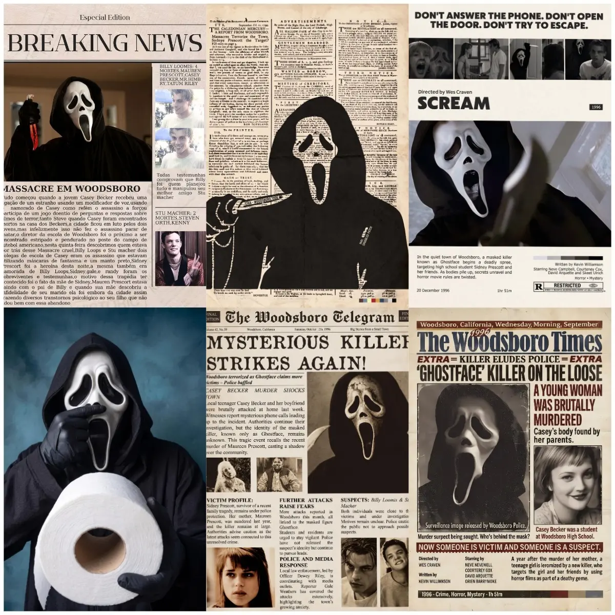 Waterproof Ghostface Collage Canvas Poster - Retro Woodsboro Newspaper & Toilet Paper Parody Print, Eco-Friendly Durable Horror Art, Bedroom Decoration, Home Supplies Wall Decor, Unique Horror Movie Fan Gift (Waterproof Printing, Gaming Compatibility)