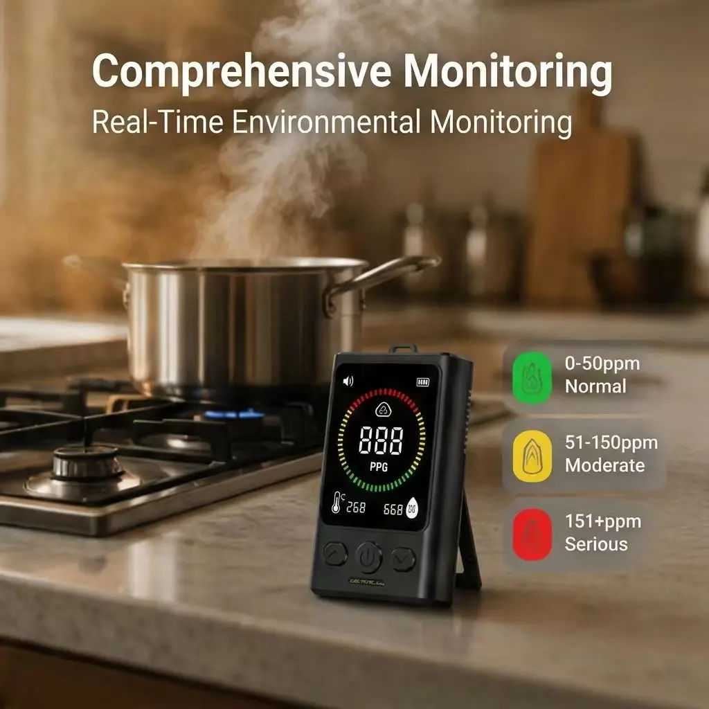 Portable Co Detector, Carbon Monoxide Detector, Rechargeable Co Alarm, Handheld Triple Monitor with Temperature Humidity, Ideal for RV Camping Tent Boat Home
