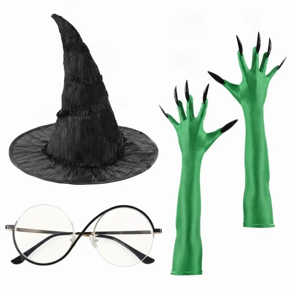 3Pcs Movie Wicked Elphaba Cosplay Witch Costume Set Dress Up Green Claw Gloves Witch Hat Accessory Set Role Playing Eyewear Cosplay Witch Cap