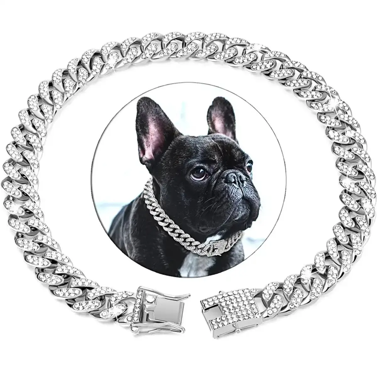 Zinc Alloy Silver Diamond Cuban Link Pet Collar - 13mm Wide, Crystal Accents Multi-Size Fashion Jewelry Accessory for Dogs, Cats Daily Wear