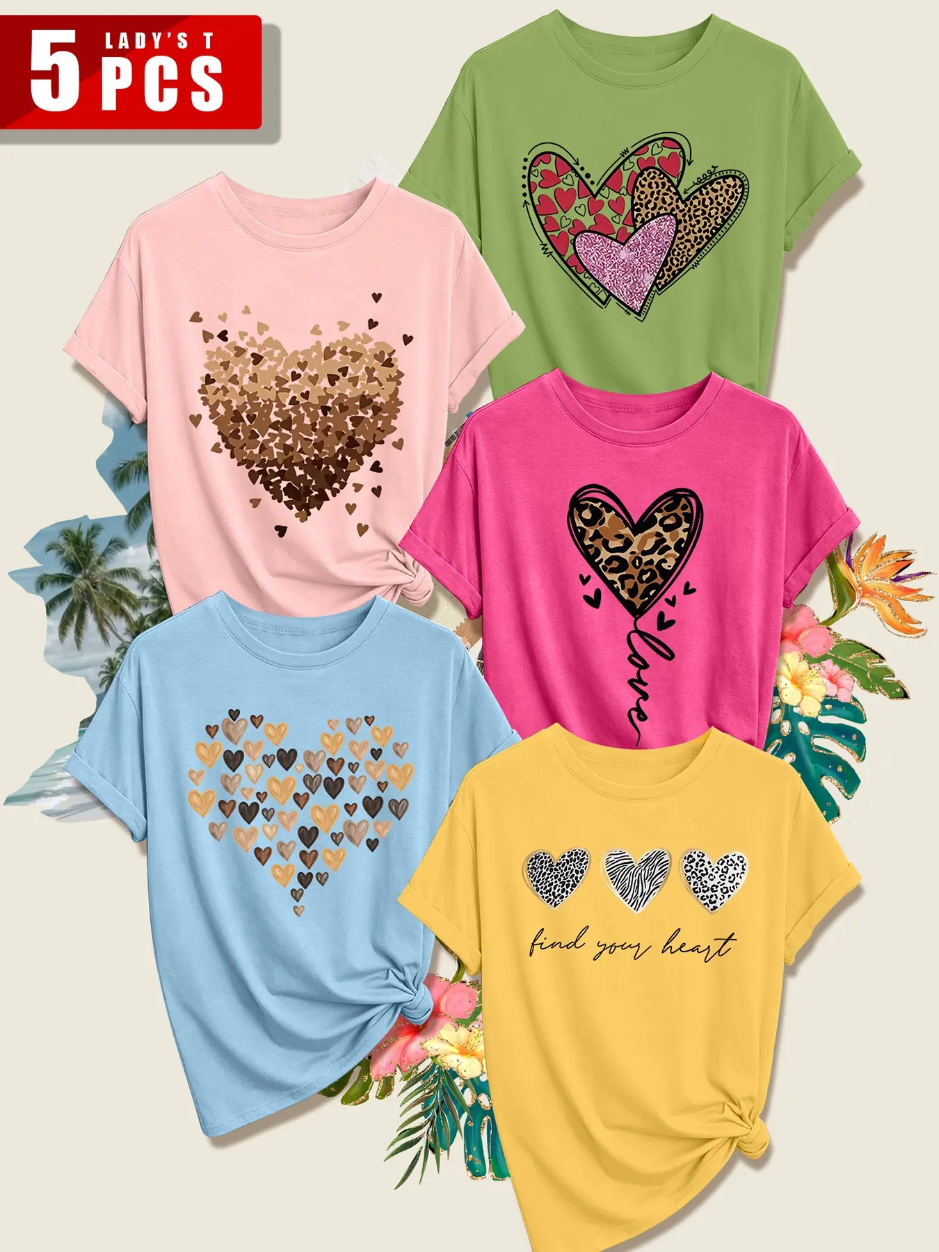 5 Pack Women Round Neck Tees, Scattered Leopard Heart Print Pattern, Soft Skin-friendly Breathable Fabric, Spring Summer Casual Tops, Various Colors, Machine Washable, Trendy Daily Versatile Short Sleeve Shirts