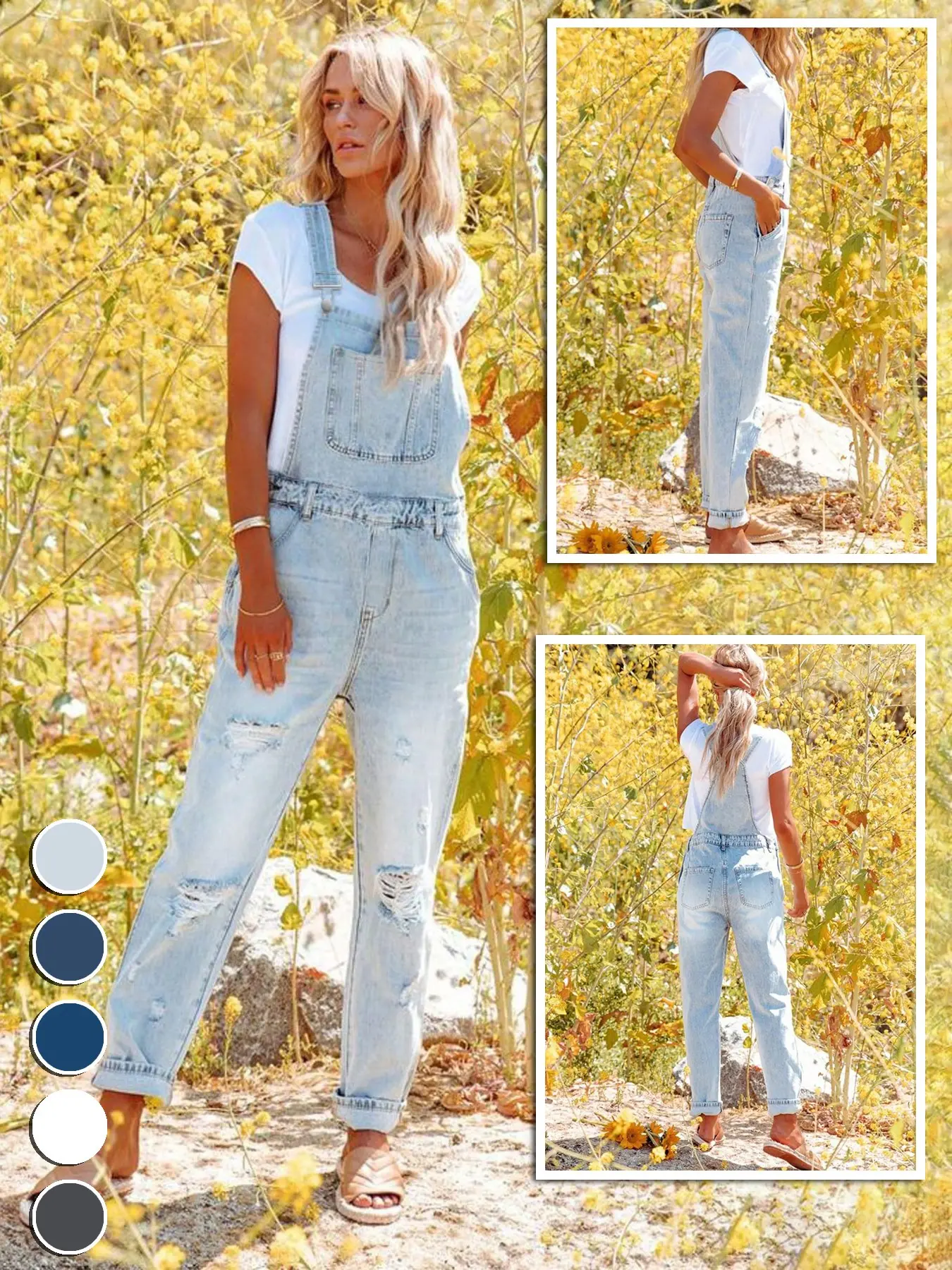 New Spring Summer Washed Light Blue Ripped Loose Fit Denim Overall Womenswear, Casual Fashion Overalls, Comfortable Harem Style, Casual Adjustable Straps, All Seasons