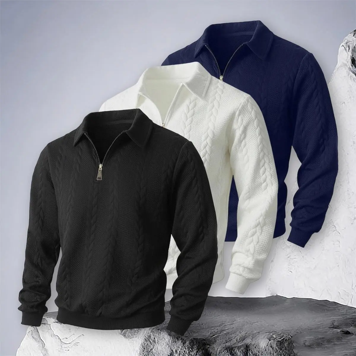 Men’s 3-Pack White+Black+Navy Blue Knitwear Sweaters, Long Sleeve Half-Zip Stand Collar Loose Casual Tops, Ribbed Hem, Menswear Men's Clothing for Leisure Walks & Commuting (Limited Stock),sohochic