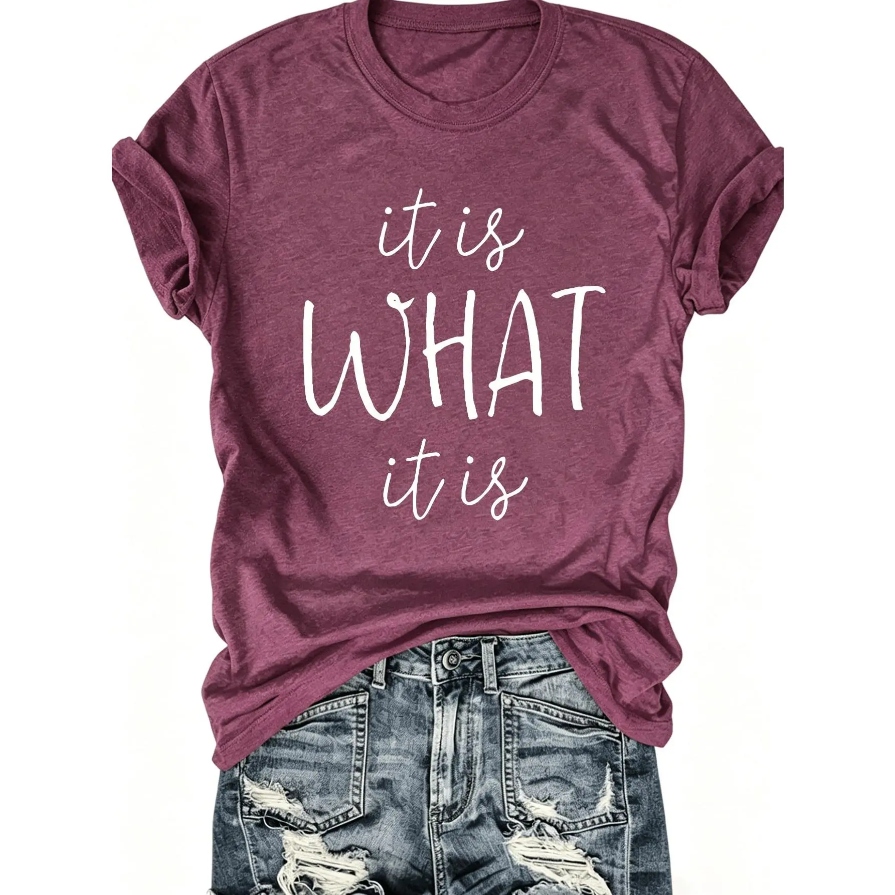 Lady's Cotton Blend Sports Top, Short-Sleeve Crew Neck, "It Is What It Is" Printed, Fit Fabric, Casual Summer Wear for Party & Festival, Shortsleeve