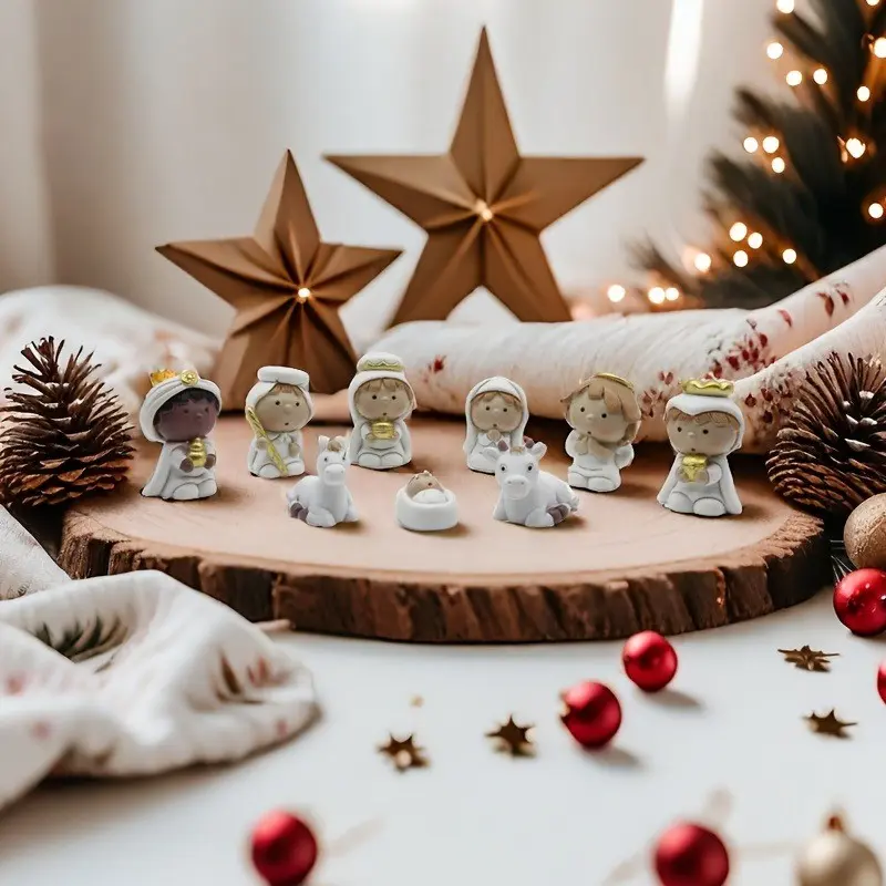 9pcs Creative Cartoon Resin Christmas Jesus Scene Decorations, Nativity Manger Desktop Display, Holiday Gift, Christmas Present, Birthday Gift