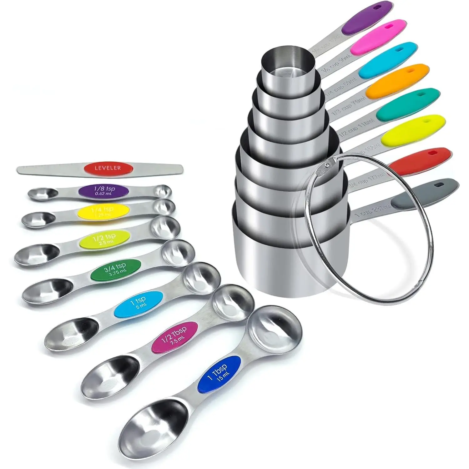 17PCS Magnetic Measuring Spoons and Measuring Cups Set, 8 Double-Sided Spoons& 1 Leveler and 8 Measuring Cups, Multicolor, Stainless Steel, Fits Spice Jars, Large Capacity Measurement