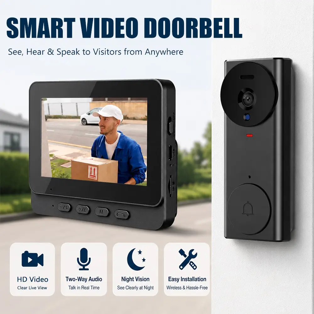 2026 New 4.3 Inch HD Wireless Video Doorbell, 2.4GHz Long Range WiFi, No App Needed, Two-Way Talk Audio, Rechargeable Wall Mount Cam, Infrared Night Vision, Optional 32GB/64GB Memory Card, Indoor Outdoor Home Security Surveillance, Wireless Smart Doorbell
