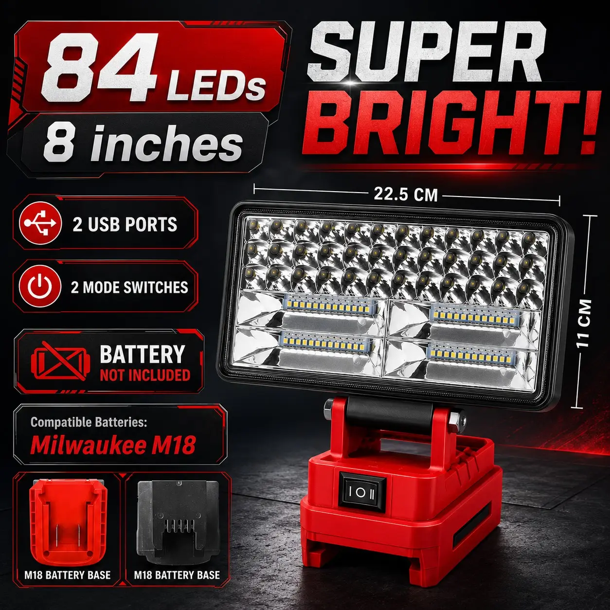 Wireless LED Work Light for Milwaukee 18v Battery, 20w 2000lm Wide Beam, Dual USB Charging Ports, Ideal for Emergency, Workshop, Garage, Portable Working Lights