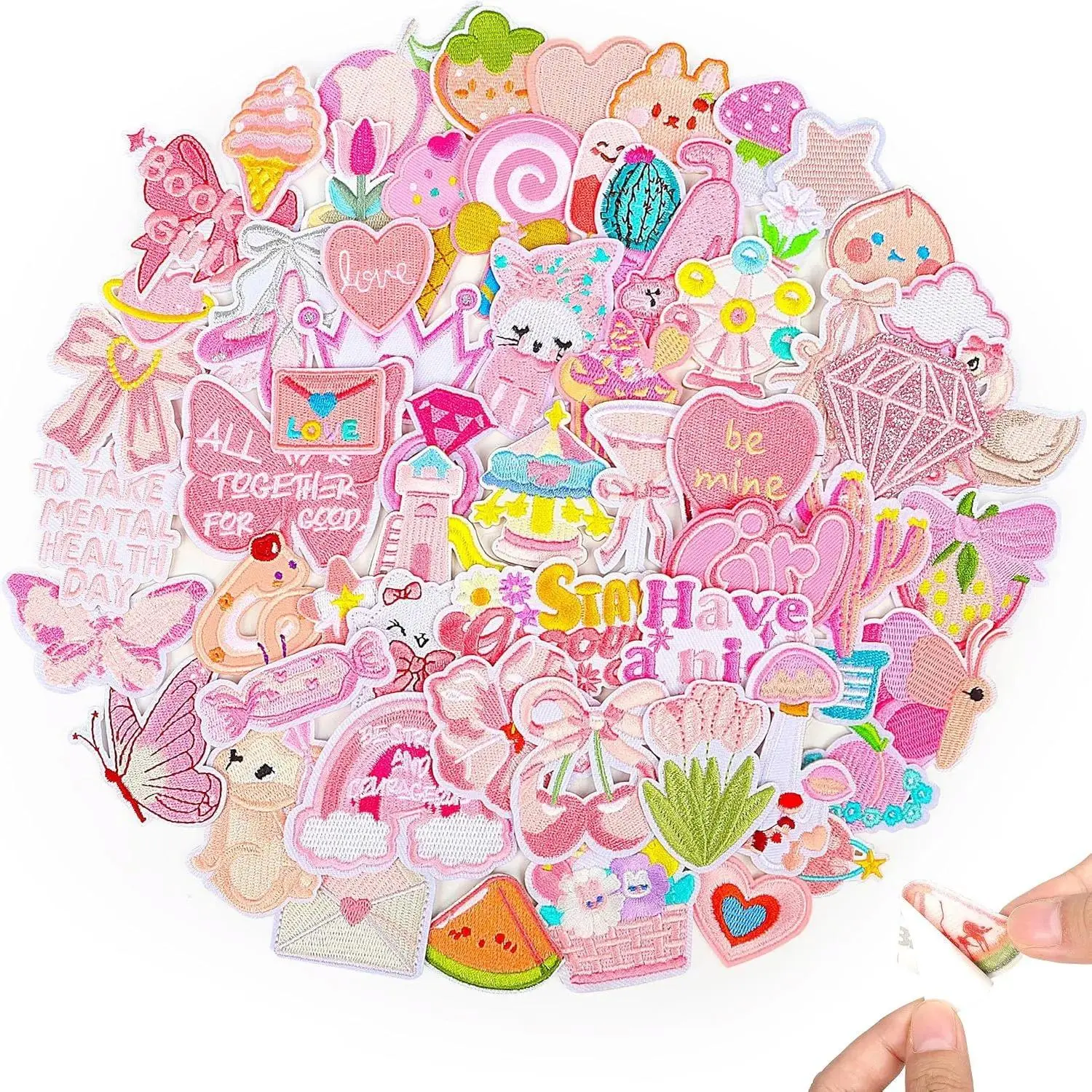 Girly Self Adhesive Patches: 60Pcs Embroidered Patches | Pink Stick-on Patches Strong Hold Withstands Daily Play & Rain - Cute Decorative for Backpack Hat Pencil Case