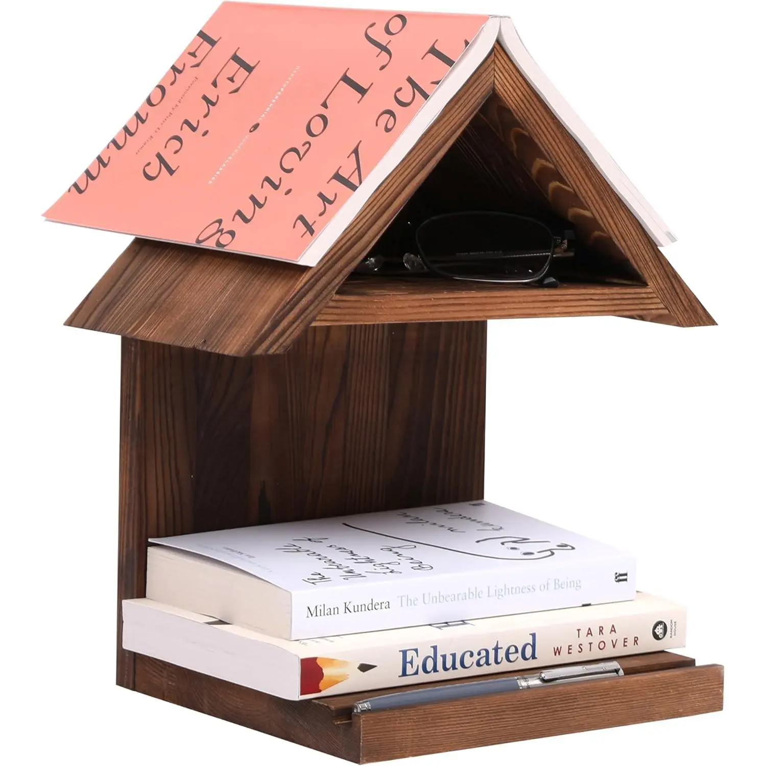 Floating Wood Bookshelf with Triangle Book Page Holder, Wall Mounted Wooden Bookcase for Bedroom Nightstand Office Library Decor Storage, Brown(Gift)