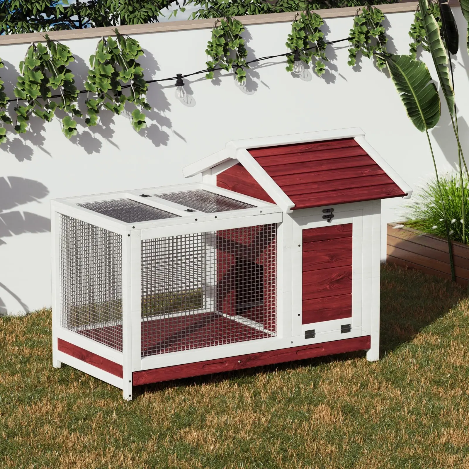 Weatherproof Wooden Small Animal Cage with Metal Frame – 2-Story Rabbit Hutch, Ramp & Wheels, Leak-Proof Tray, Ventilated, Anti-Chew Design, Easy Clean, for Rabbits, Guinea Pigs, Chickens, Ducks, Brown/Grey/Wood