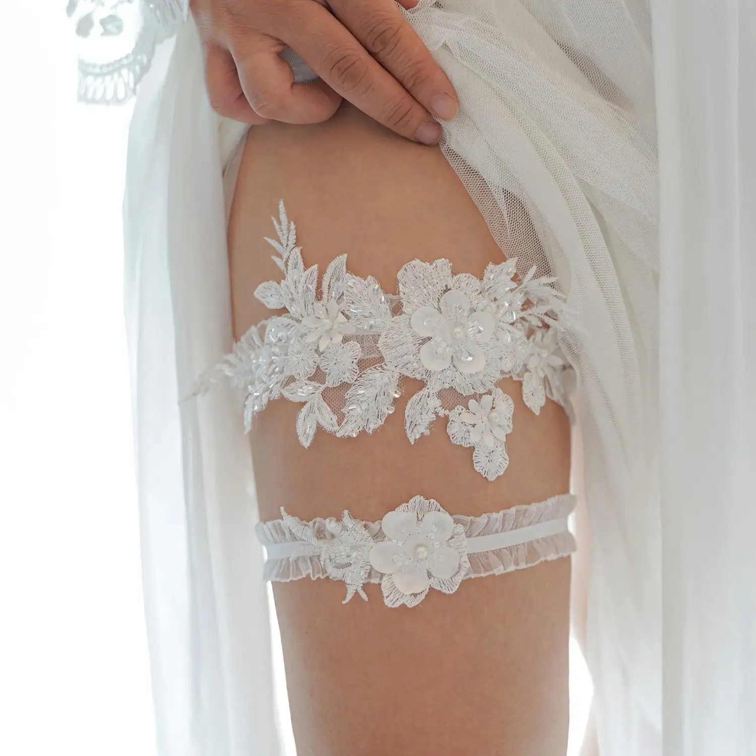 Lady's Handmade Vintage Floral Lace Bridal Garter and Socks Set - 3D Pearl Embroidery for Weddings, Cosplay