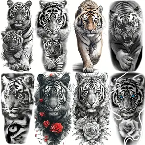 8 Creative Tiger Family Temporary Tattoos for Adults, Realistic Tigers with Floral Designs, Waterproof Fake Tattoo Stickers for Arms and Legs, Long-Lasting Fake Tattoos for Forearm Sleeves, Tattoo Art