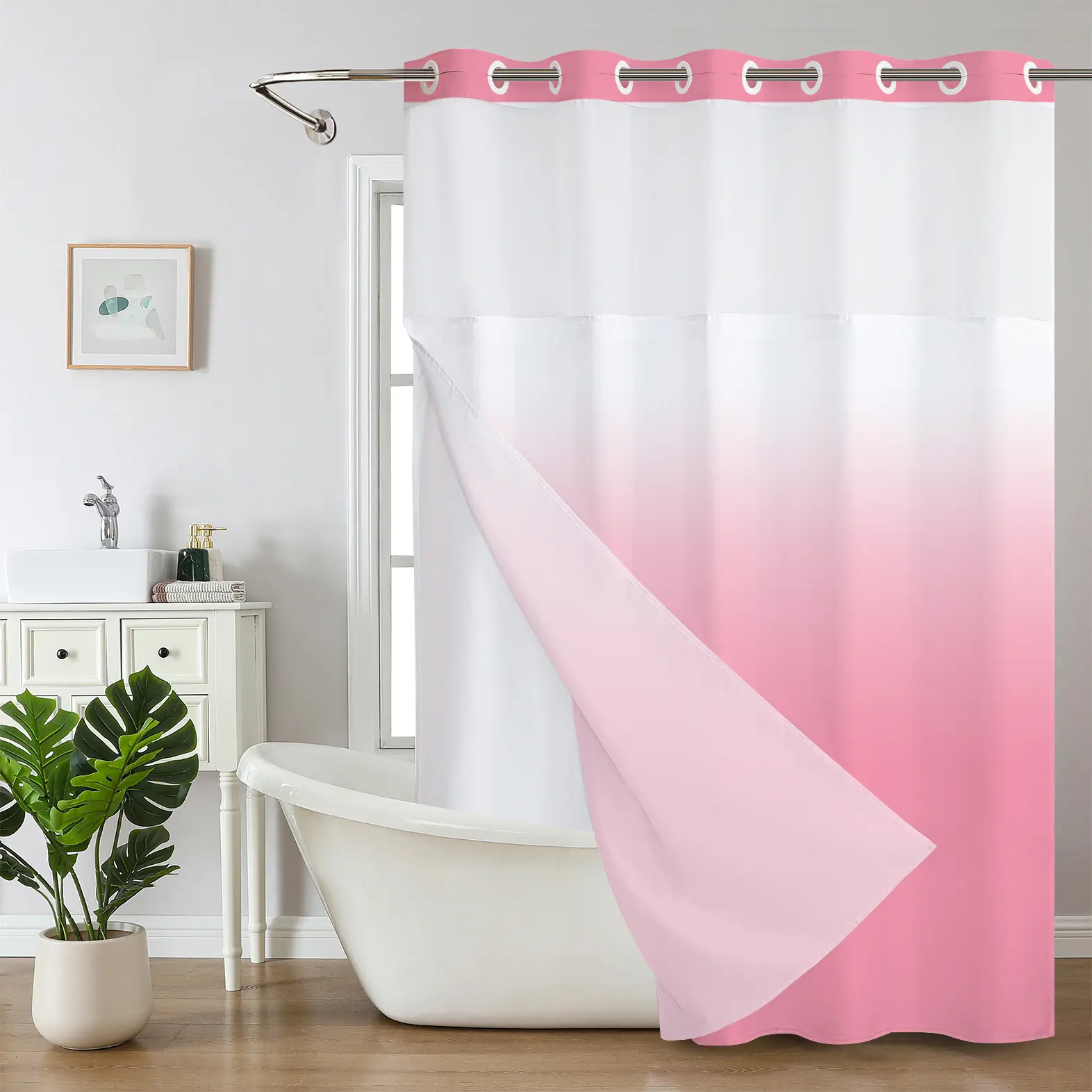 1Pc hookless shower curtain with buckle lining, Fabric shower curtain, pink solid color gradual change printed shower curtain, no hook design, transparent top window, double layer, machine washable with lining - bathroom accessories