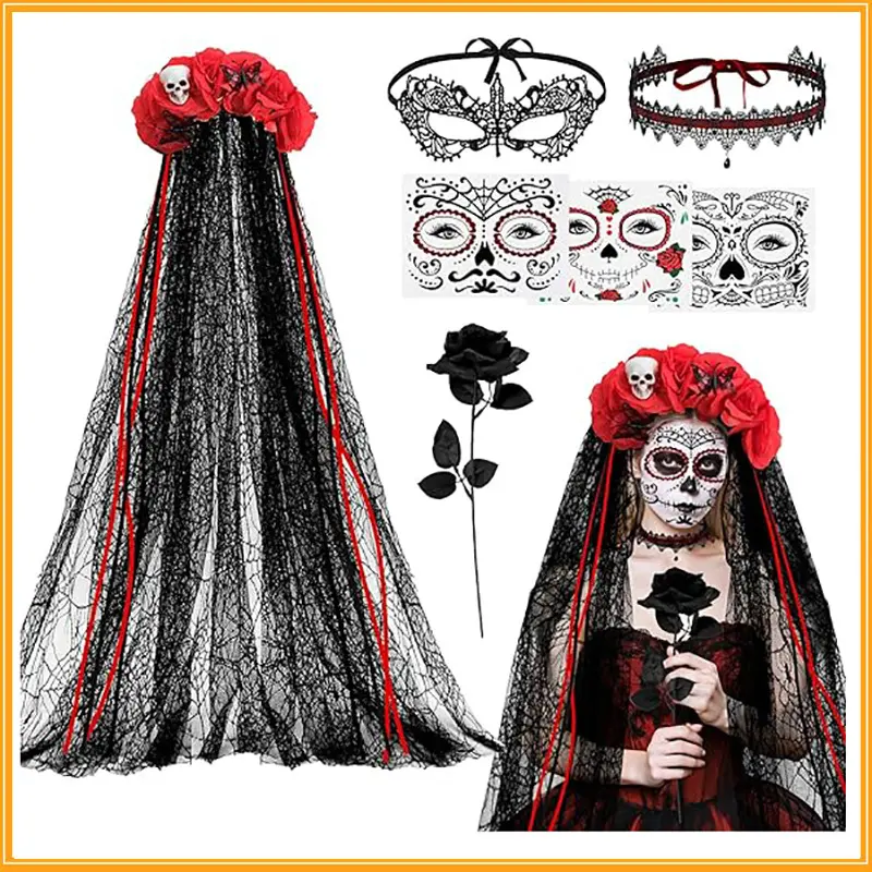 Day of the Dead Costumes for Women, Day of the Dead Headband Party Costume Accessories, Veil, Tattoo, Black Rose, Necklace, Lace Eye Mask, Dia de Los Muertos Halloween Fancy Dress Costume Accessories