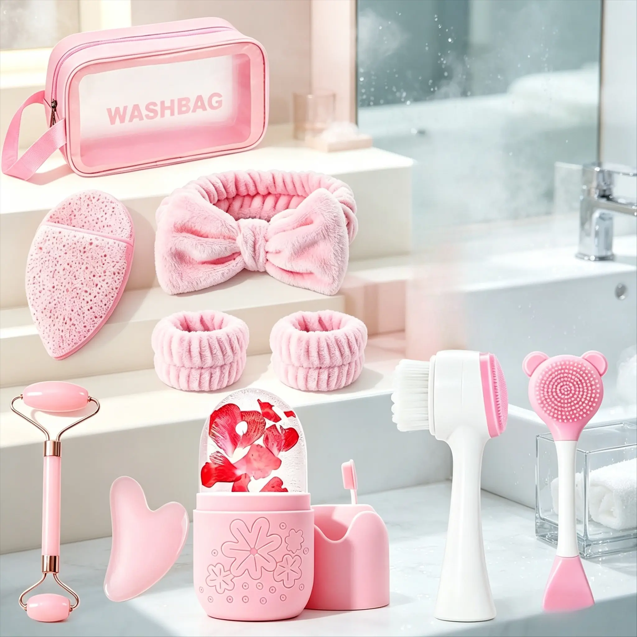 10pcs pink skincare hair accessory kit with facial tool set, soft facial headbands, matching wristbands, gua sha board & scalp massage comb. Skin-friendly fabric holds stray hair during masking, ideal spa day & birthday gift for women.