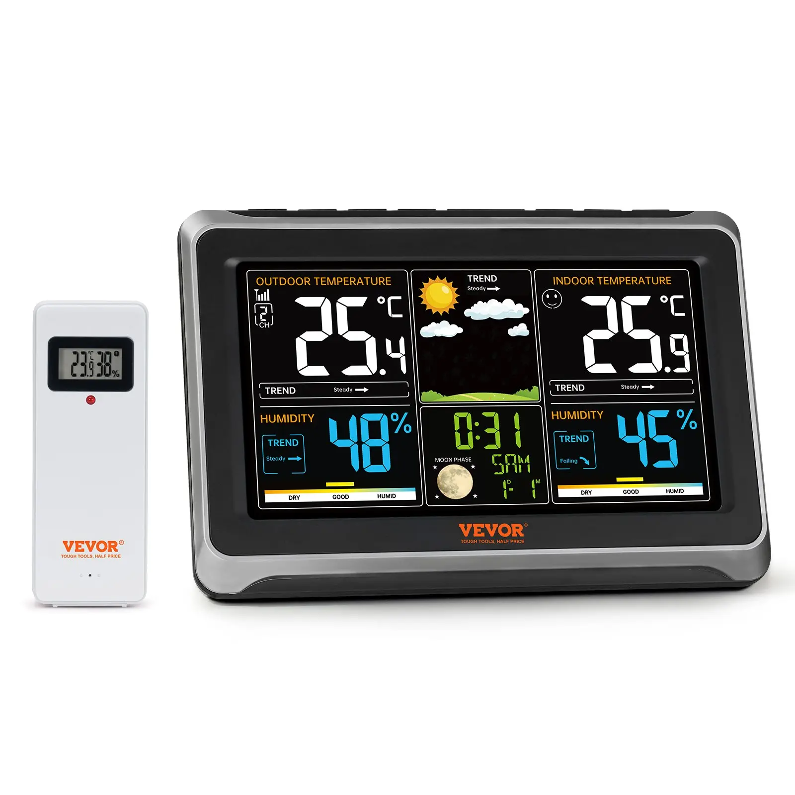 【DealsForYouDays】VEVOR Weather Station Indoor Outdoor, 7.5 in Color Display, Wireless Digital Home Weather Station, with Sensor Atomic Clock Adjustable Backlight Forecast Data Calendar Alarm Alert Temperature-NO WIFI