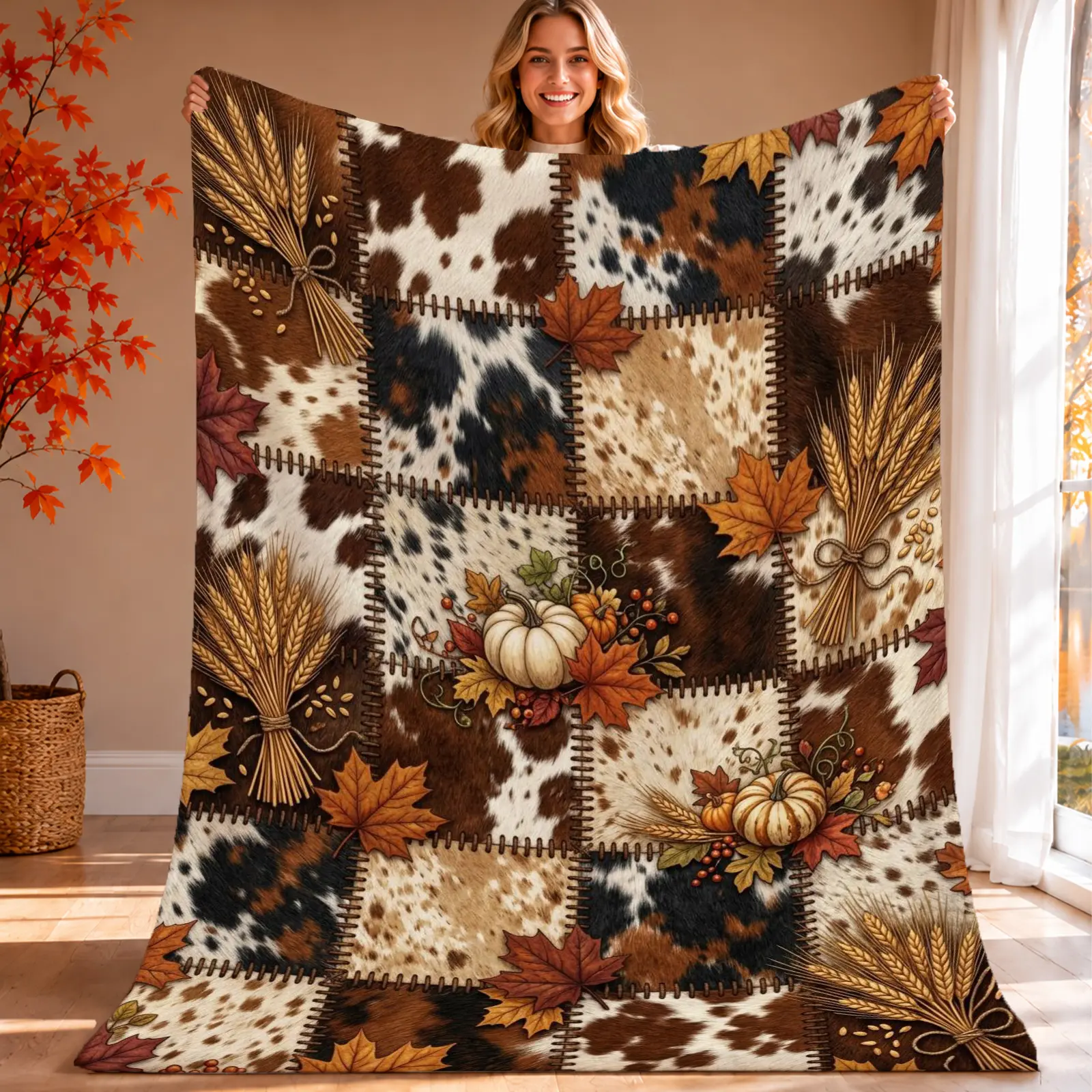 1pc Throw Blanket Western Farm Cowhide Patchwork Soft Warm Lightweight Pumpkin Wheat Maple Leaf Blanket for Rustic Home Sofa Bed Living Room Bedroom Decorative Sofa Blanket