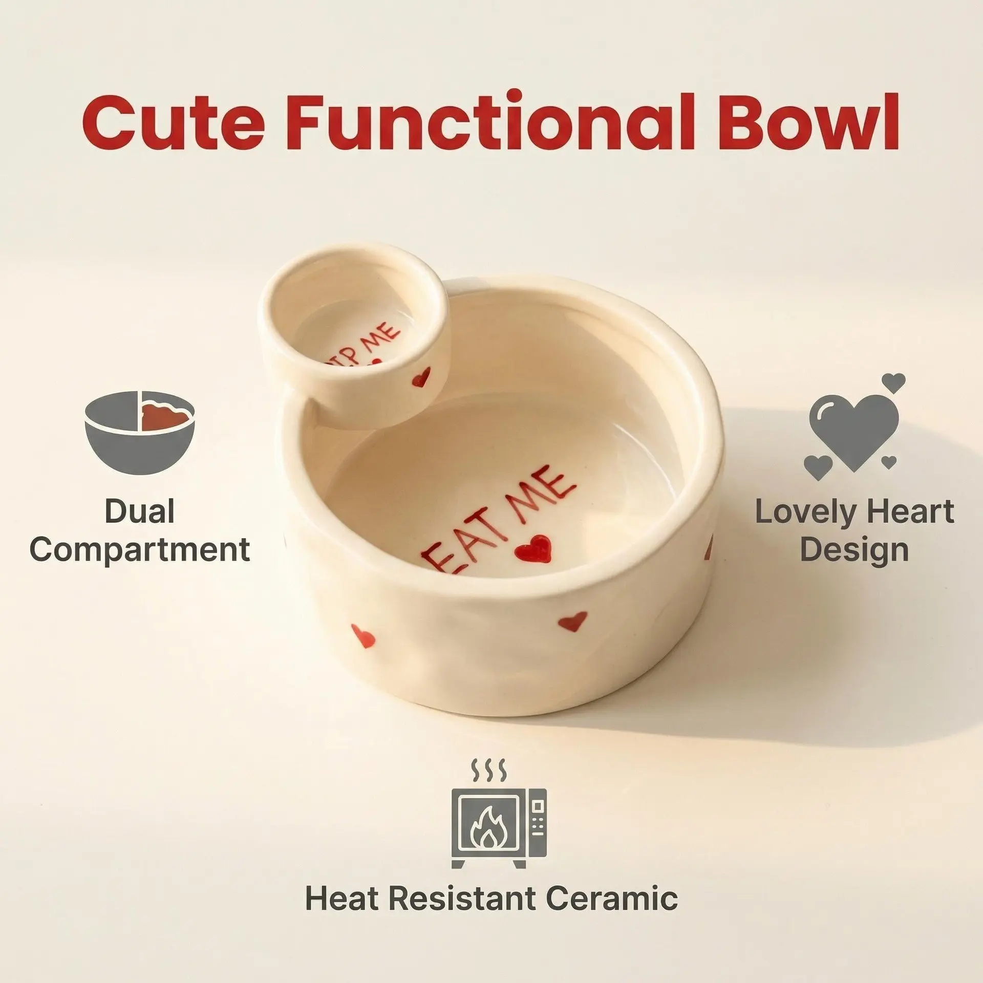 Ceramic Dual Compartment Dip Bowl, Creative Fries Bowl with Small Plate, Cute Heart Design, Heat Resistant Tableware, Home Snack Dish
