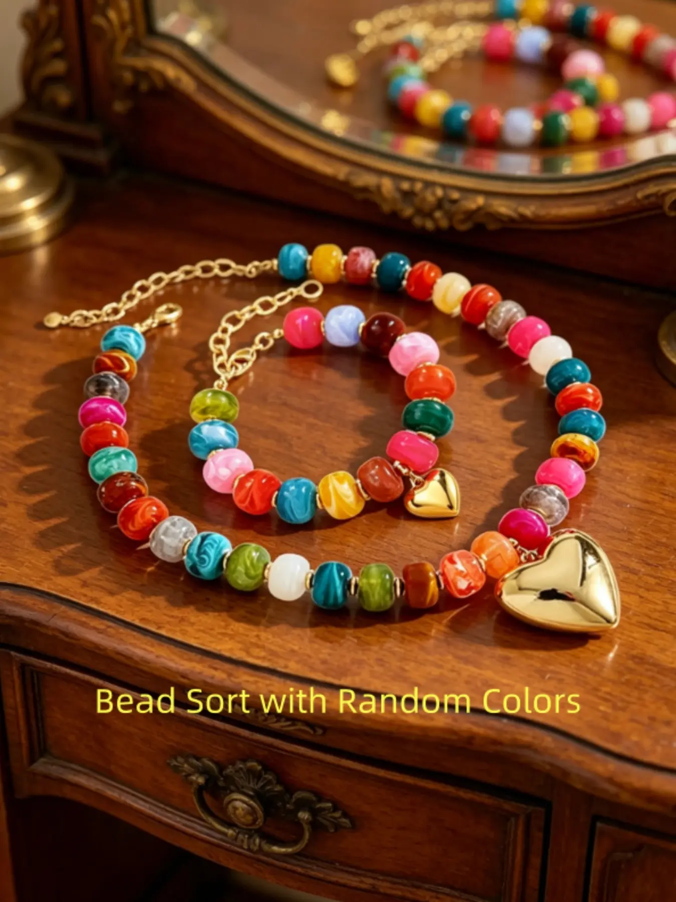 Women's Vintage Boho Trendy Jewelry Set, Colorful Beaded Necklace and Bracelet, Heart Pendant, Adjustable, All Seasons, Party Wear, Beaded Bracelets Set