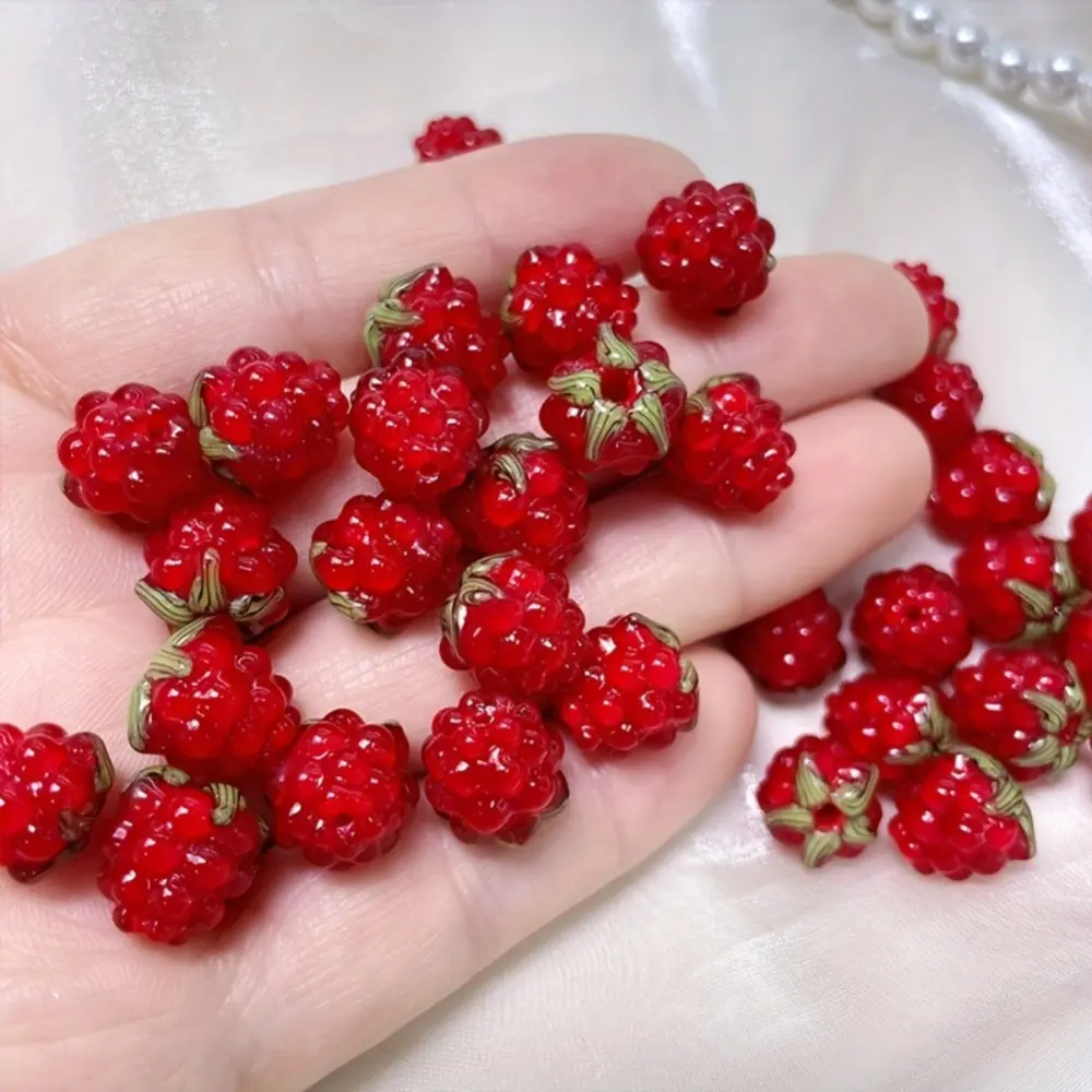 15pcs Raspberry Shape Glass Beads - Bright Red with Green Leaves, Jewelry DIY Supplies for Necklaces, Bracelets, Earrings