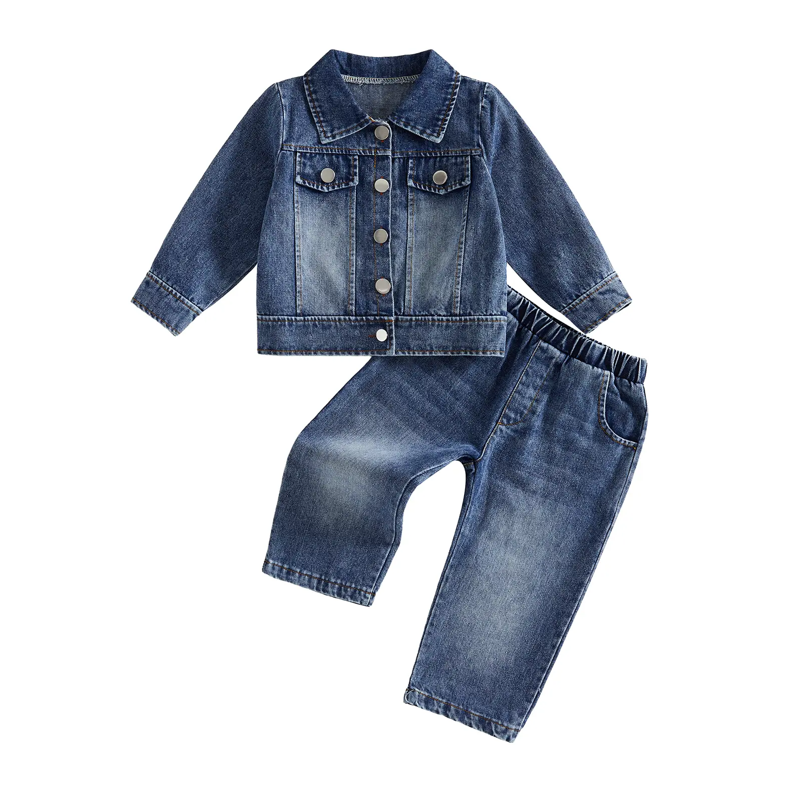 Toddler Baby Little Girls Denim Outfit Lapel Neck Long Sleeve Washed Jean Jacket Pants Set Fall Winter 1-5 Years