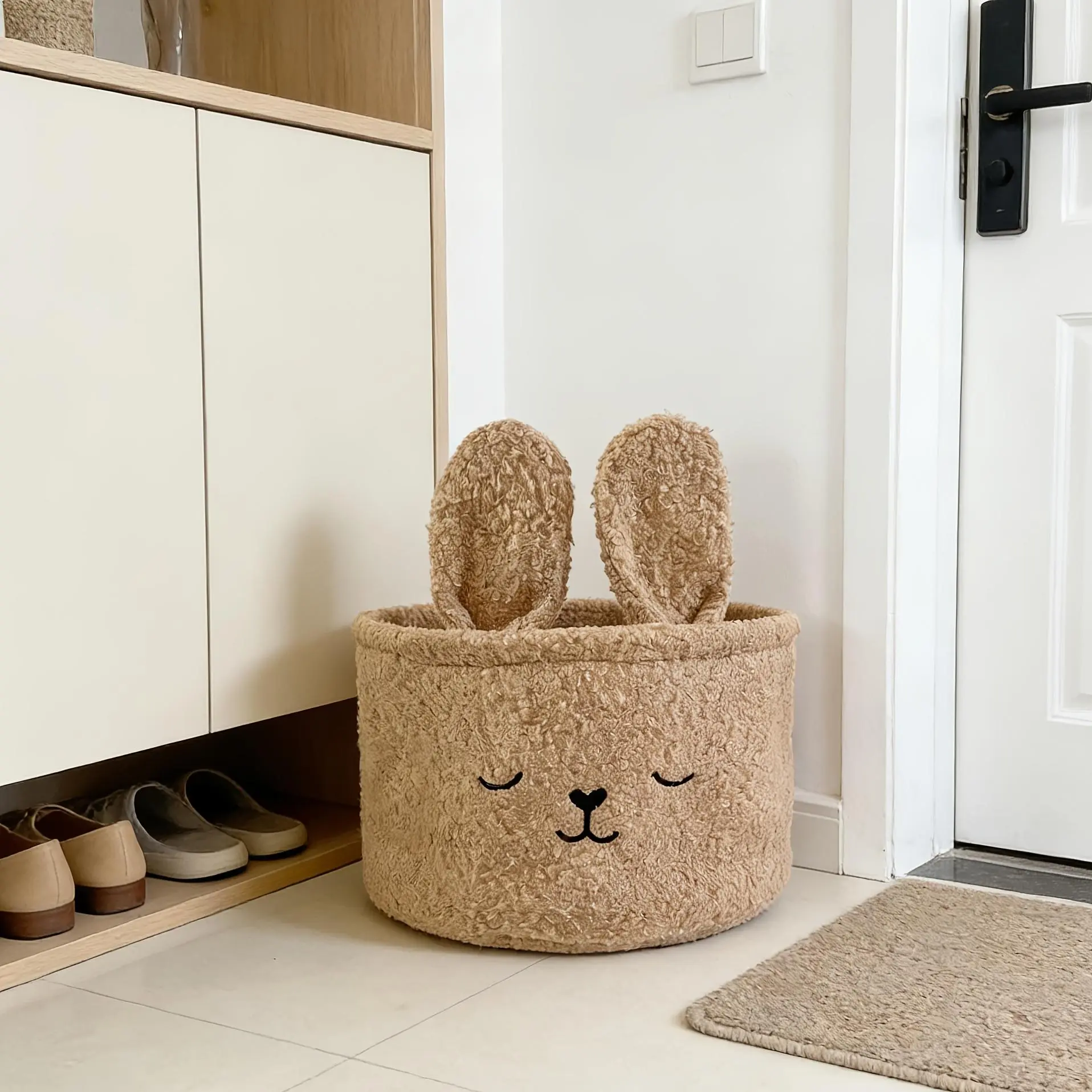 1pc Cute Bunny Teddy Fleece Storage Basket - Soft Plush Organizer for, Blankets, Nursery And Home Decor Bunnybasket Easterbasket