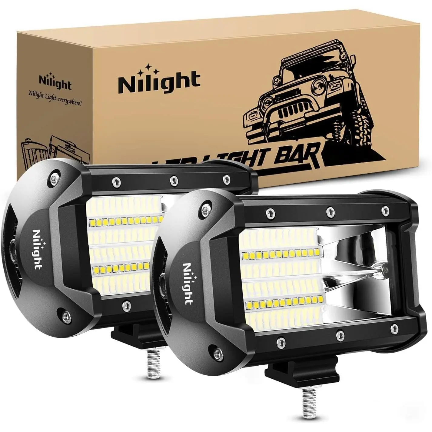 Nilight 18001F-B 2PCS 5In 72W IP67 Waterproof Aluminum Dual-Row Flood LED Off-Road Lights, 10800Lumens Sliding Driving Fog Lights, Automotive Motorcycle Train Camping Outdoor LED Accessories for Trucks, Jeeps