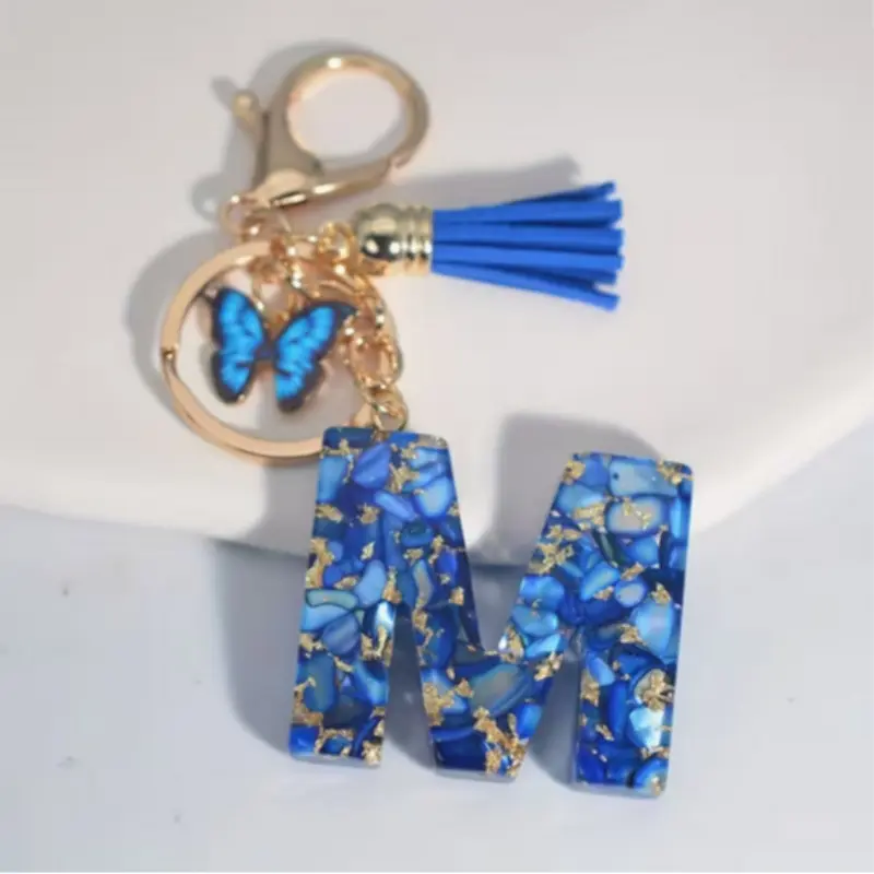 Women's Royal Blue Butterfly Tassel Letter Cute Keychain, Glitter Mosaic Design, Lobster Clasp Key Ring for Keys Bags Backpacks