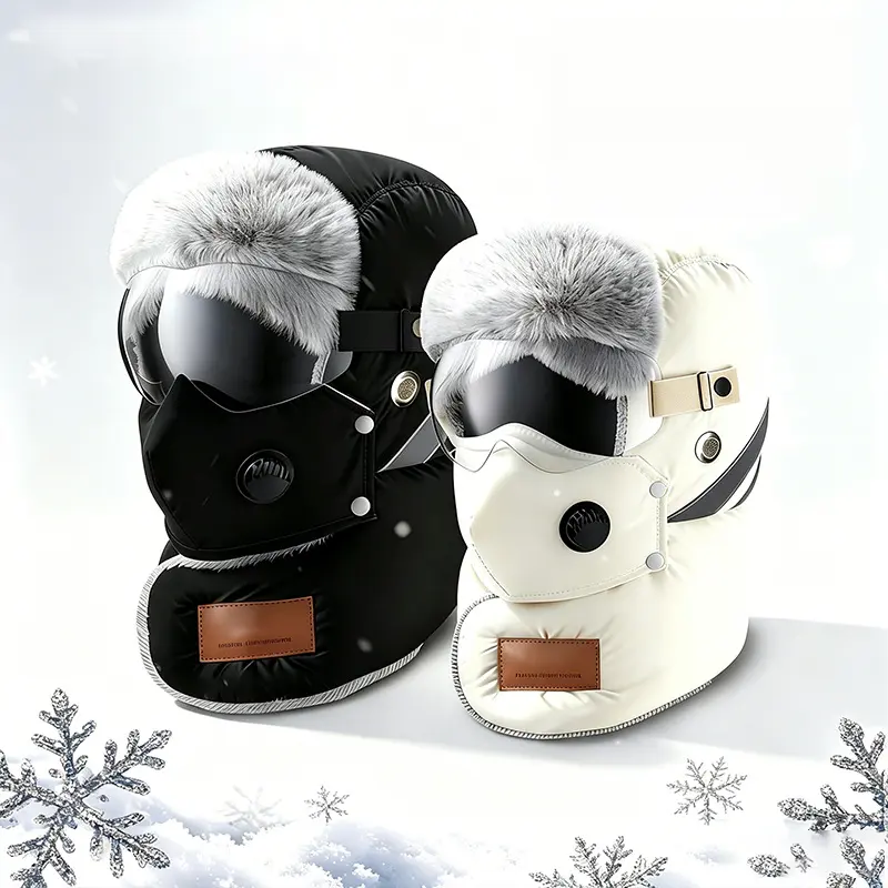 Unisex Outdoor Biking Hat with Goggles, Casual Style, Thick Inner Lining, Fleece Padding, Full Face Coverage, Warm Winter Sports & Outdoor Accessory (QXM)