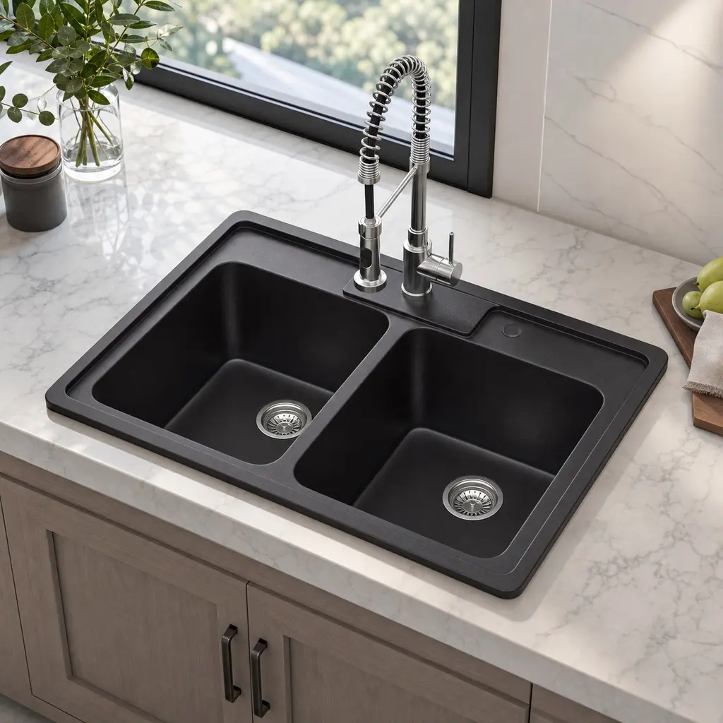 1 Sink ARCH 33" L x 22" W x 9" D Black Quartz Composite Granite 50/50 Topmount Drop-In Double Bowl Kitchen Sink with Noise-Reducing Design, Non-Porous Hygienic Surface, Drying Rack, Bottom Grids, Strainers, Installation Kit, Cutout Template, Includes Dryi