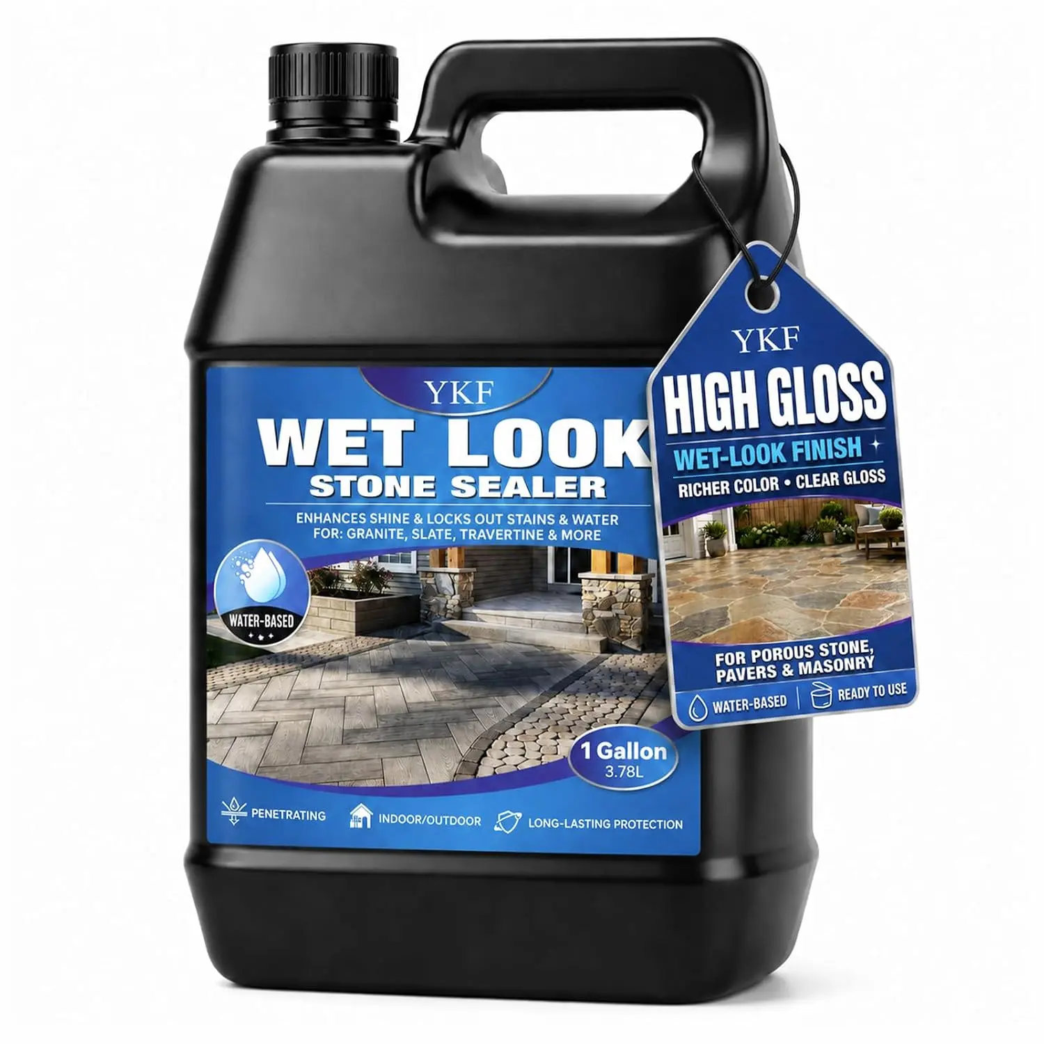 High Gloss Wet Look Stone Sealer, Clear Water-Based Color Enhancing Paver and Concrete Sealer for Outdoor Stone, Patio, Driveway, Brick and Masonry, 1 Gallon
